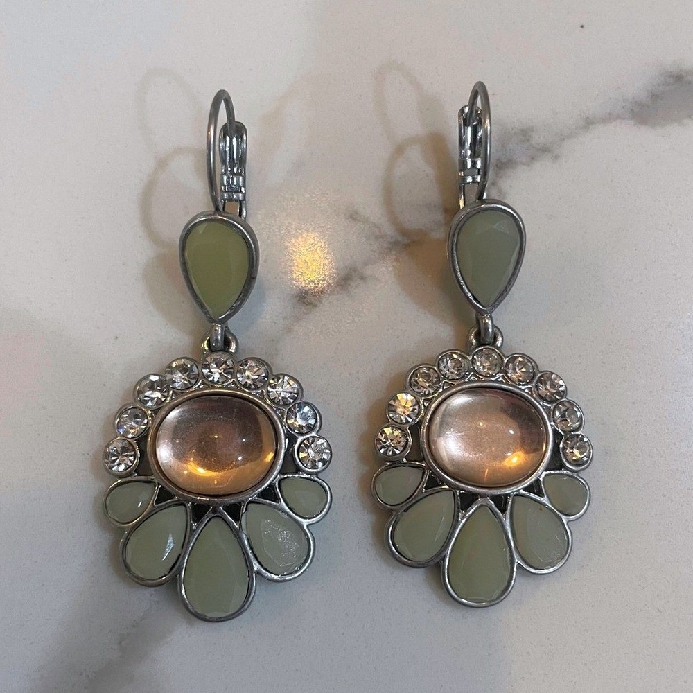 Lia Sophia Silver Tone Peach Sage Green Crystal Enamel Lever Back Drop Earrings